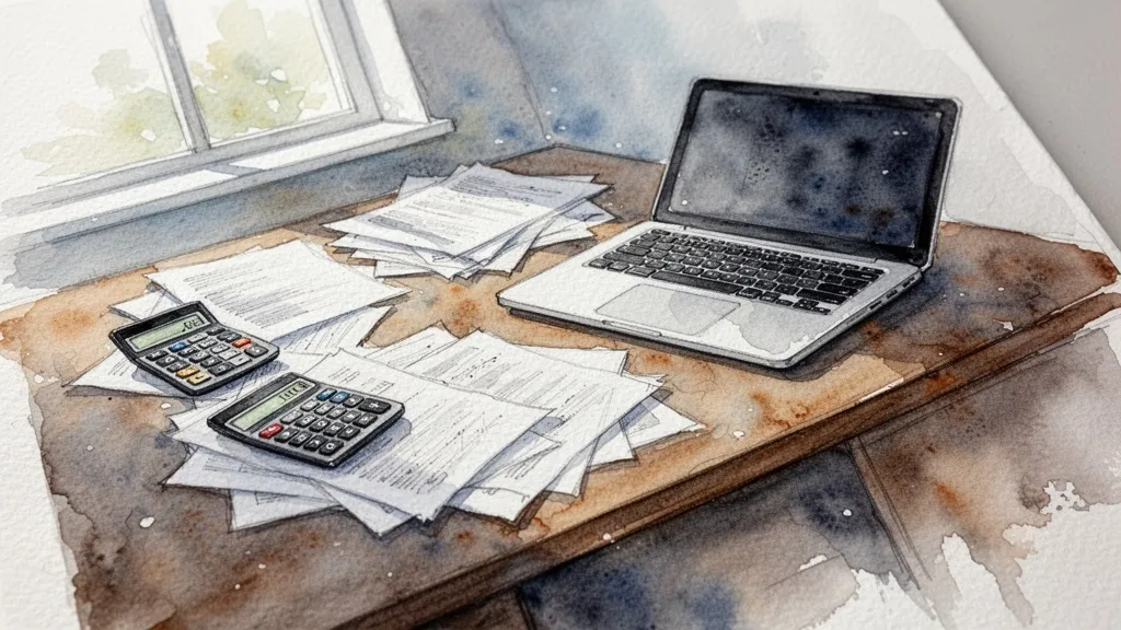 Acuarela de escritorio desordenado con finanzas manuales