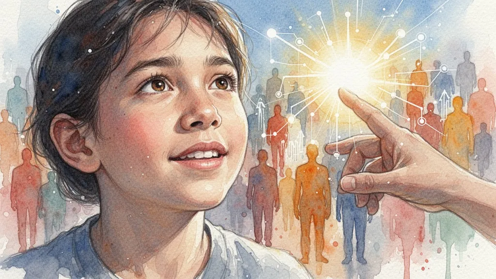 Acuarela de persona esperanzada alcanzando un punto de datos brillante con siluetas diversas