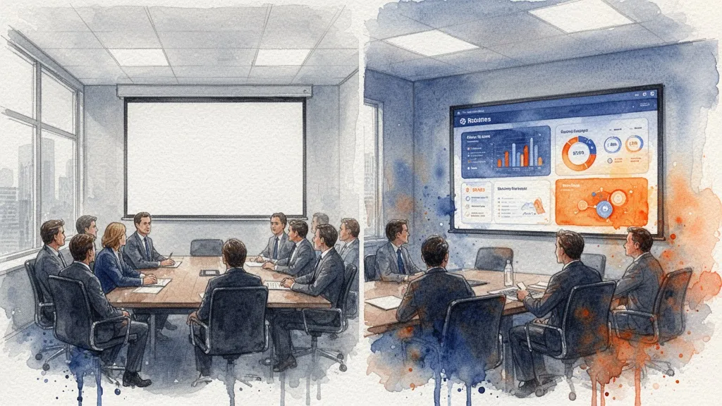 Sala de reuniones con contraste entre falta de datos y analítica visual