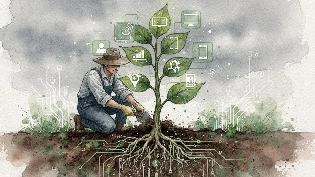 Jardinero cultivando una planta con raíces de datos y hojas digitales