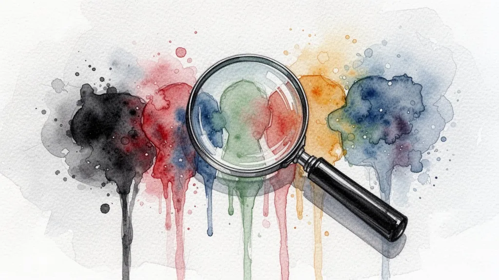 Watercolor magnifying glass over abstract shapes symbolizing bias detection
