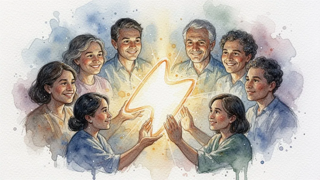 Watercolor group portrait around a glowing center symbolizing participatory governance
