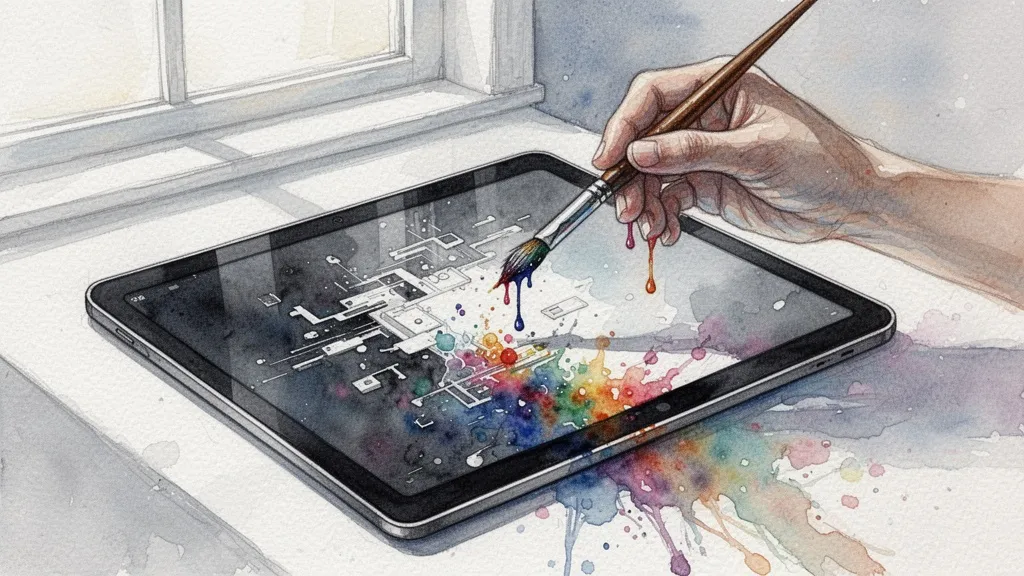 Pincel sobre tableta digital con formas abstractas glitch