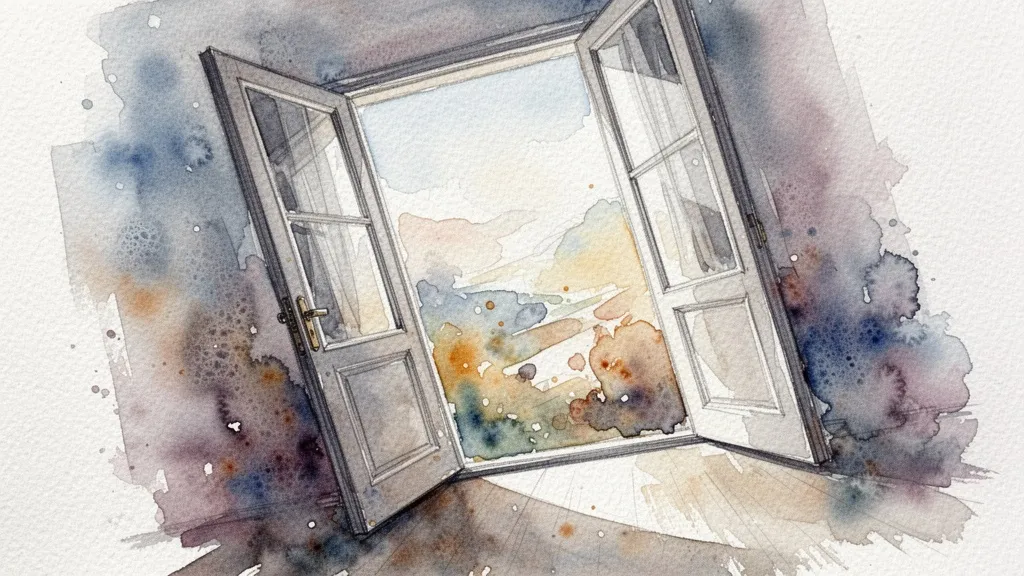 Puerta abierta a un paisaje abstracto de formas y luz
