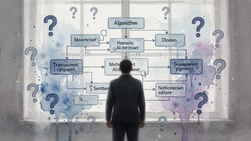 Acuarela de persona frente a diagrama de flujo algorítmico con interrogantes