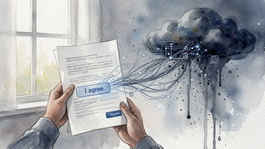 Acuarela de persona firmando documento con botón de aceptar y red de datos