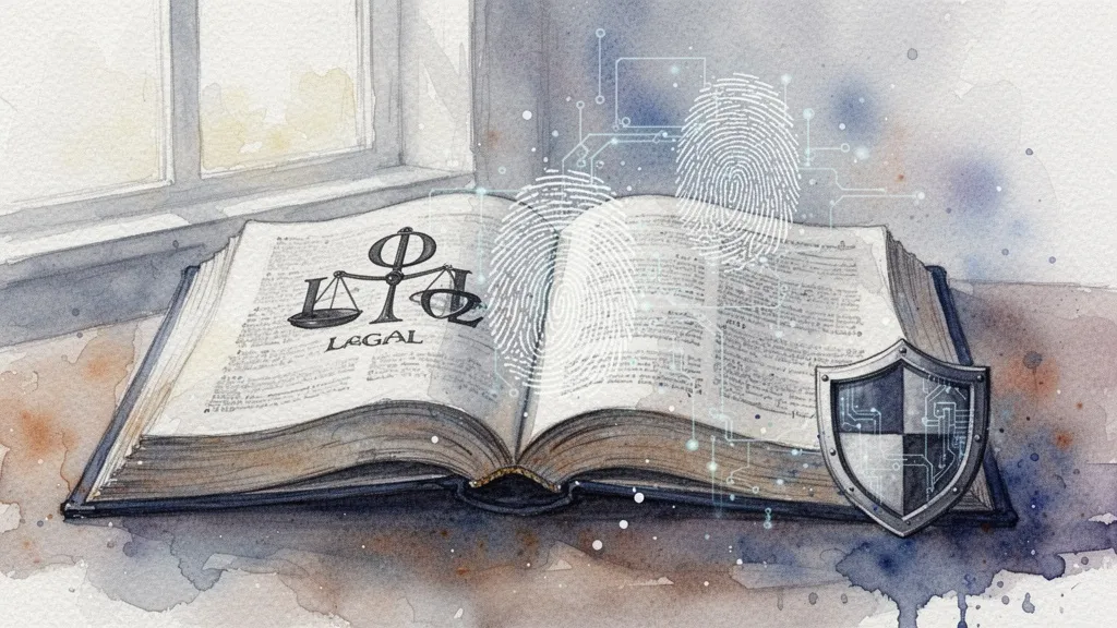 Acuarela de libro abierto con símbolos legales y escudo, huella digital tenue