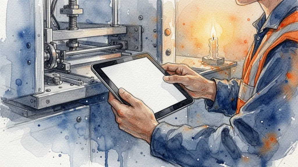 Worker with tablet analyzing machine data in a watercolor-style workshop.