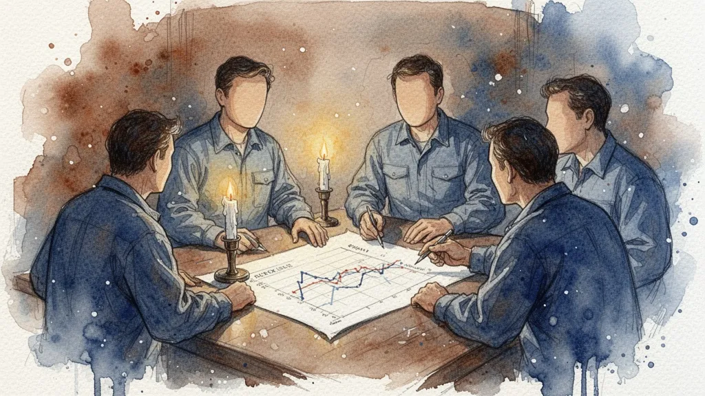 Watercolor scene of workers discussing data around a table.