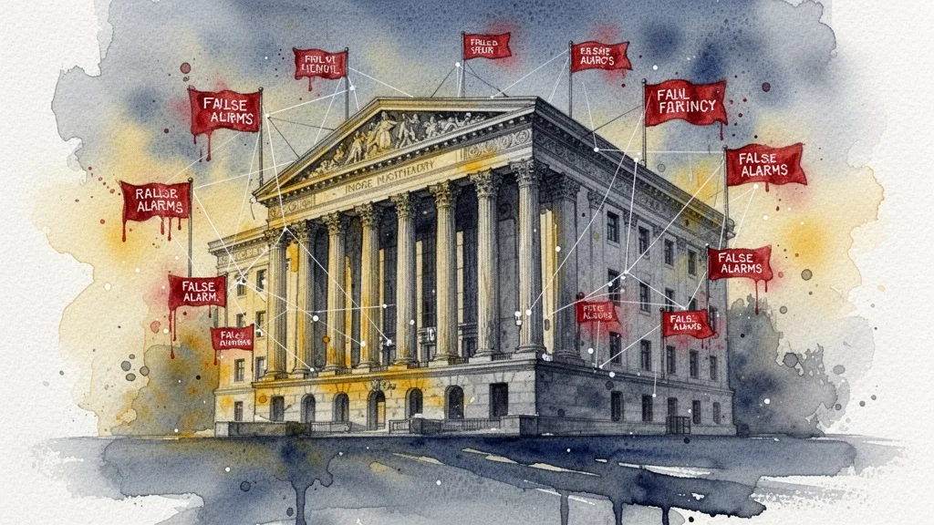 Watercolor financial building with red flag alerts symbolizing fraud detection challenges