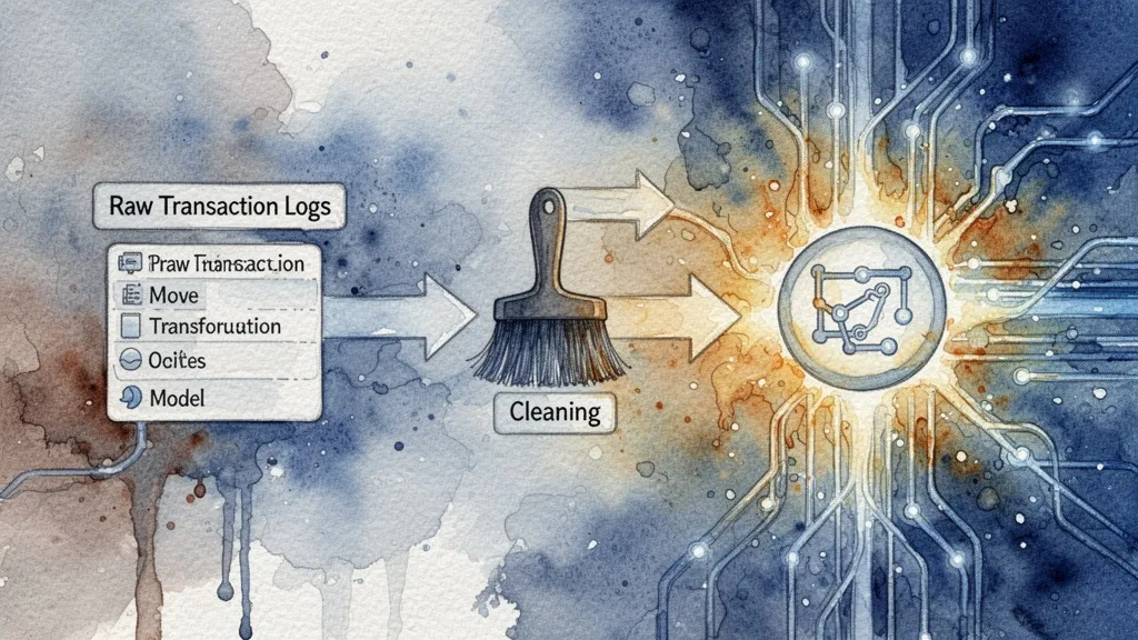 Watercolor data pipeline feeding into AI model for fraud detection