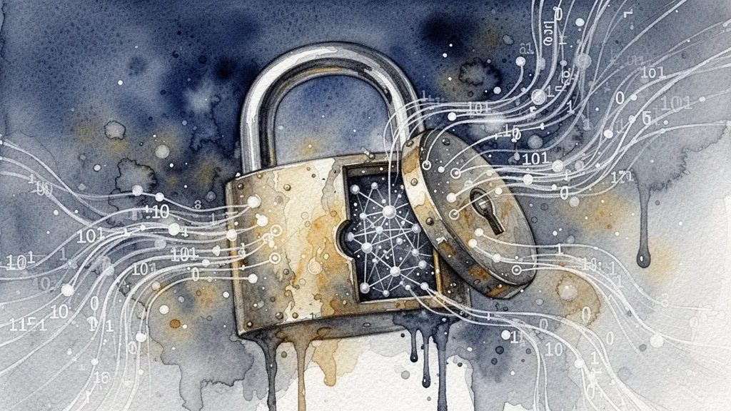 Watercolor lock with data streams representing security and future challenges in AI fraud detection