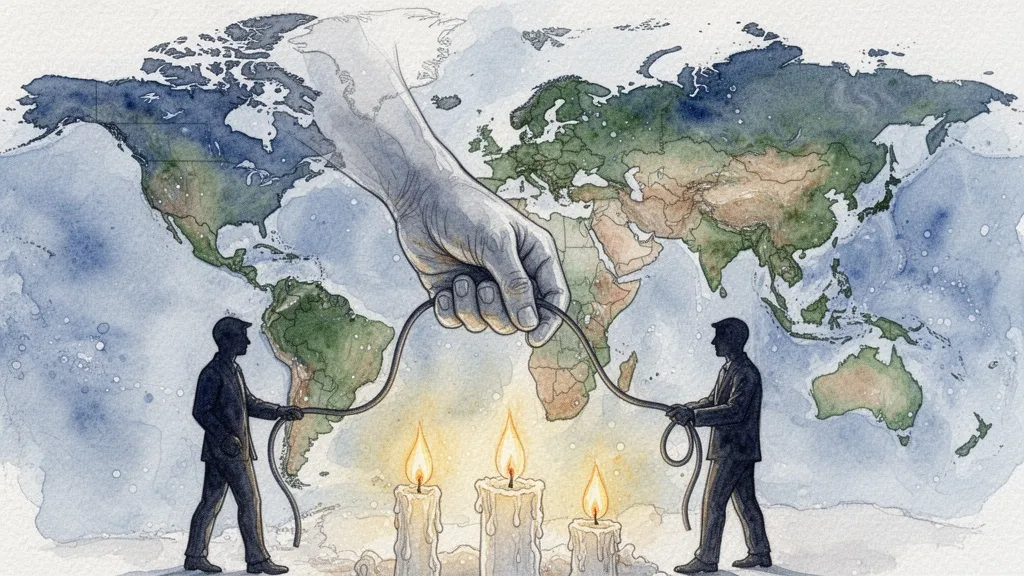Acuarela de un mapa mundial con una mano tirando de un cable de datos entre el estado y el ciudadano