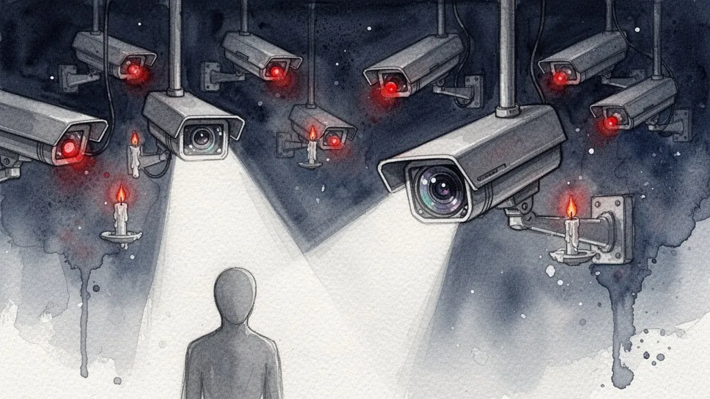 Acuarela de un cielo oscuro con cámaras de vigilancia colgando y una silueta bajo un foco