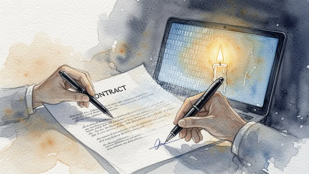 Acuarela de una mano firmando un contrato que se convierte en pantalla digital, con un rostro sombreado