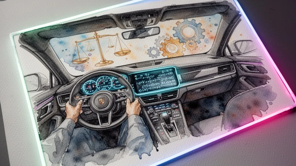 Acuarela del interior de un coche autónomo con pantalla de algoritmos y manos sueltas del volante