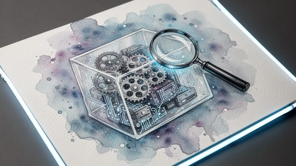 Acuarela abstracta de una caja transparente con engranajes y una lupa, simbolizando auditoría algorítmica
