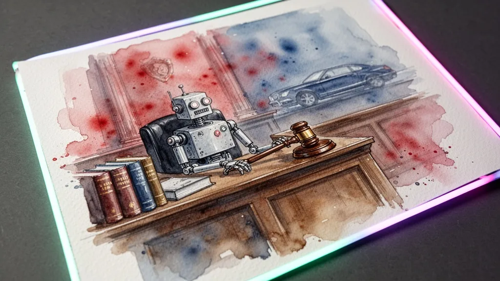 Acuarela de un tribunal con un robot en el banquillo y símbolos legales, representando responsabilidad