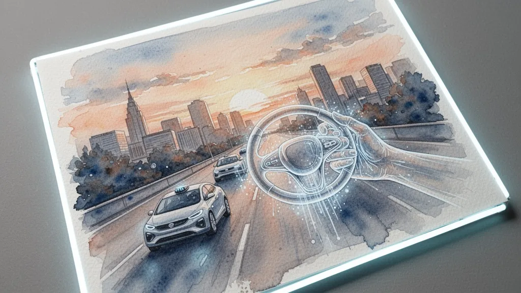 Acuarela de un amanecer sobre una ciudad con coches autónomos y una mano transparente guiando, simbolizando gobernanza responsable