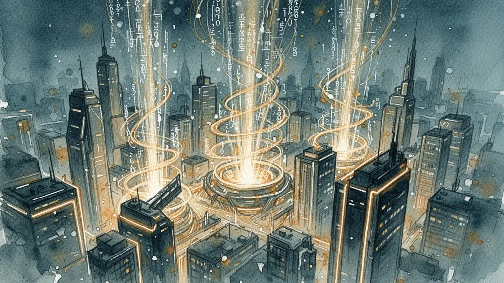 Vista aérea de ciudad futurista con espirales de datos luminosos, acuarela texturizada verde y oro.