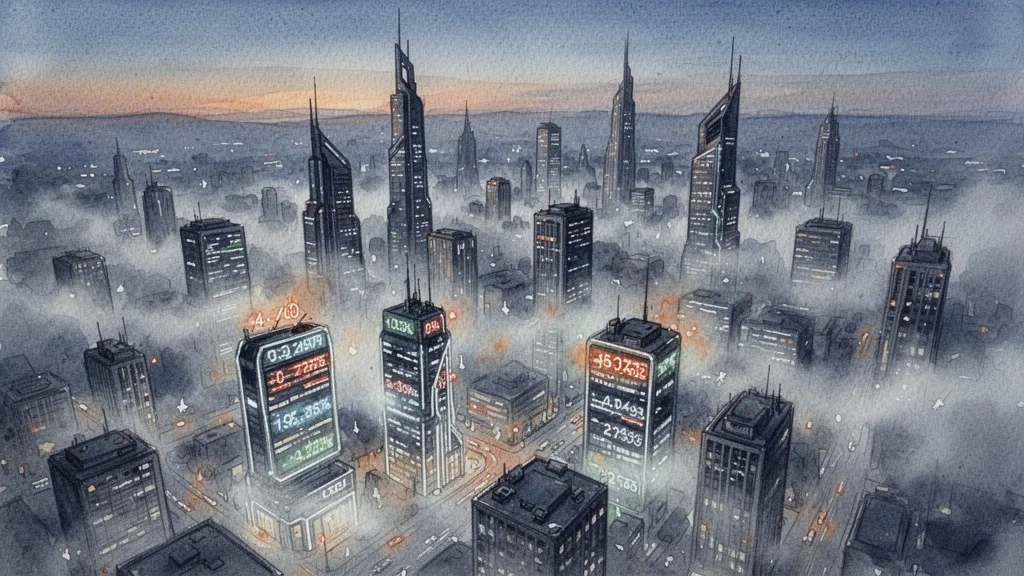 Ciudad financiera futurista cubierta de niebla en acuarela