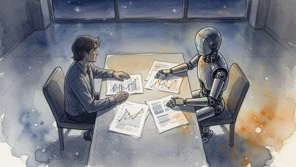 Humano y robot colaborando en análisis financiero en acuarela