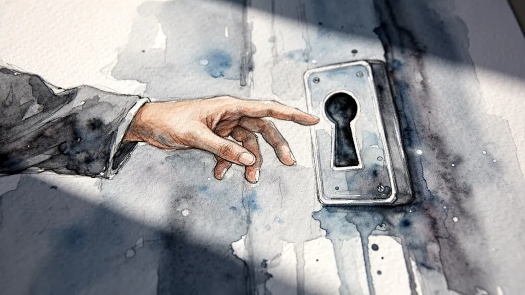 Acuarela de una mano tocando una cerradura digital, simbolizando el acceso a través de la identidad digital
