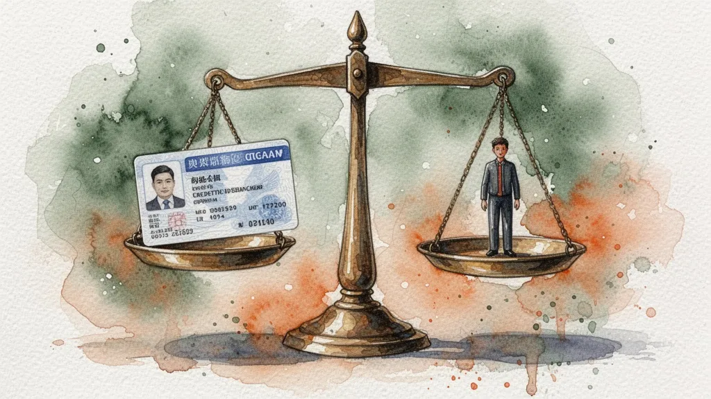 Acuarela de una balanza con una tarjeta de identidad digital frente a una figura humana, simbolizando el equilibrio entre poder y derechos