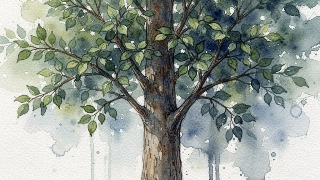 Acuarela de árbol frondoso con tronco robusto, representando innovación orgánica y escalado