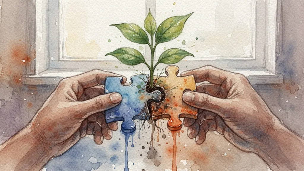 Acuarela de manos uniendo piezas de puzle con planta, cultura empresarial como pegamento