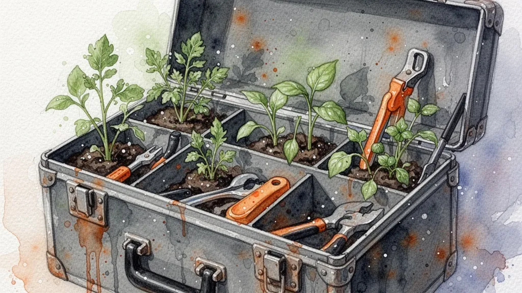 Acuarela de caja de herramientas con plantas brotando, estrategias prácticas para innovar