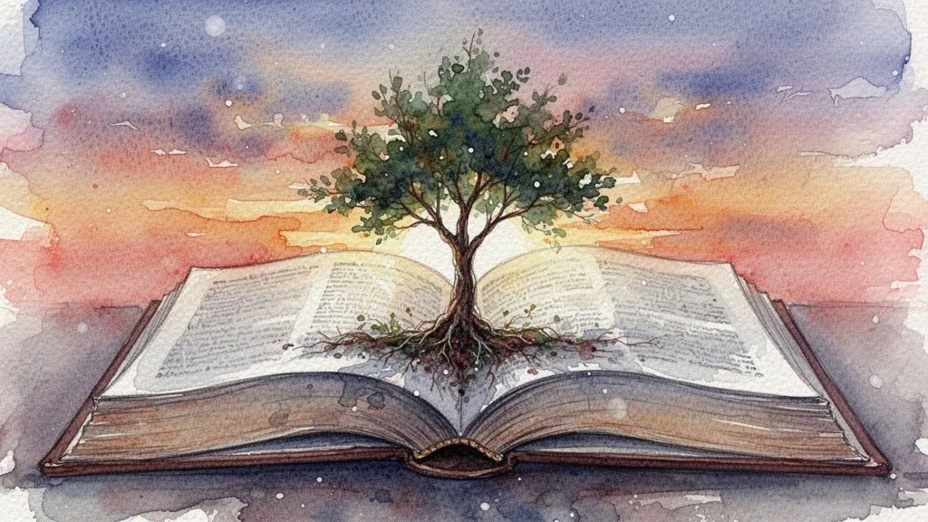 Acuarela de libro abierto con árbol creciendo, innovación y escalado como proceso continuo