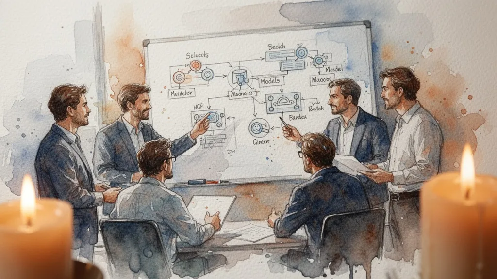 Team of engineers and data scientists working on predictive maintenance model