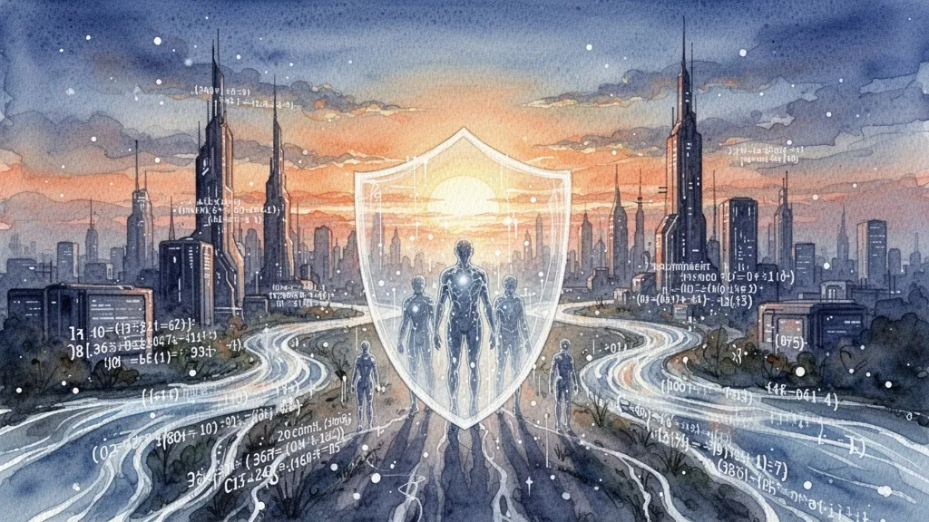 Acuarela de amanecer sobre ciudad digital con escudo protector