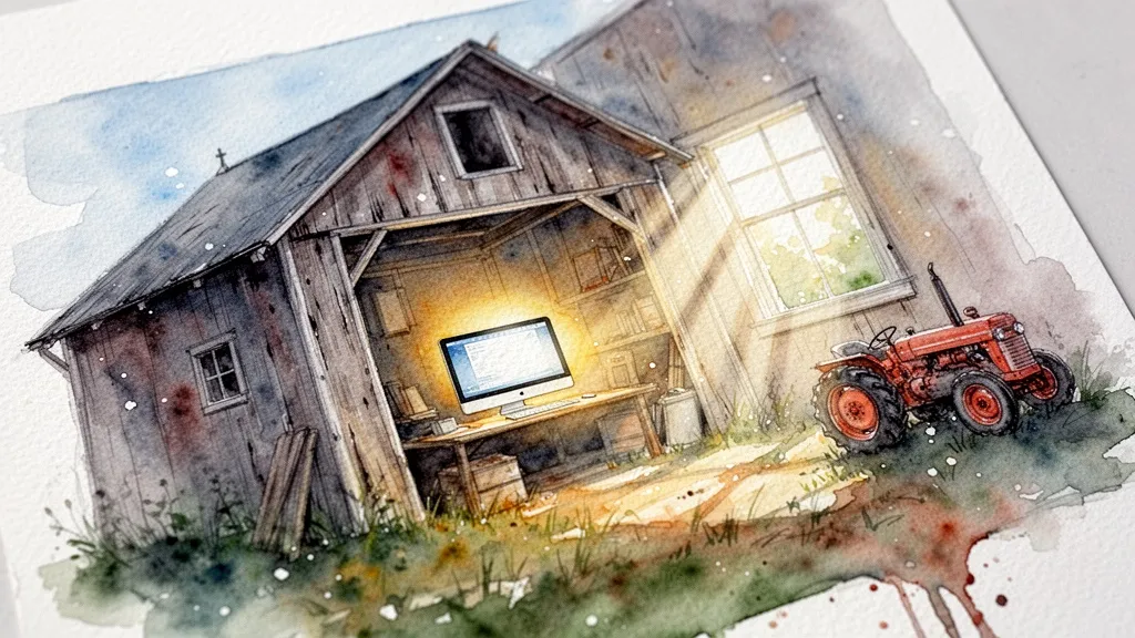 watercolor barn with computer monitor symbolizing traditional sector and software