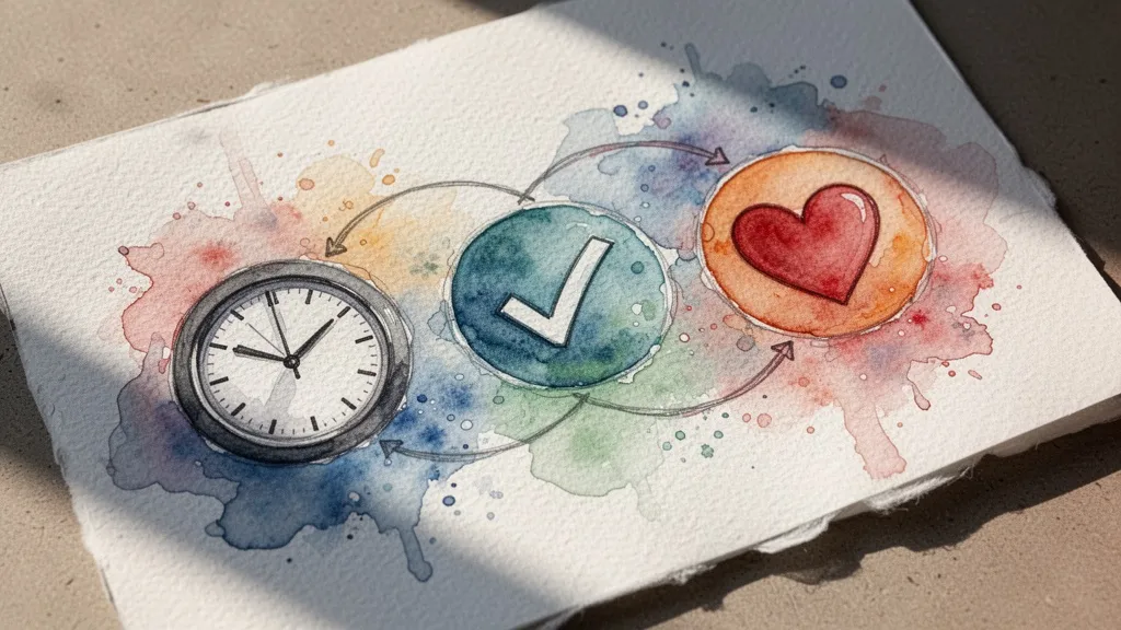 watercolor three metrics icons clock checkmark heart
