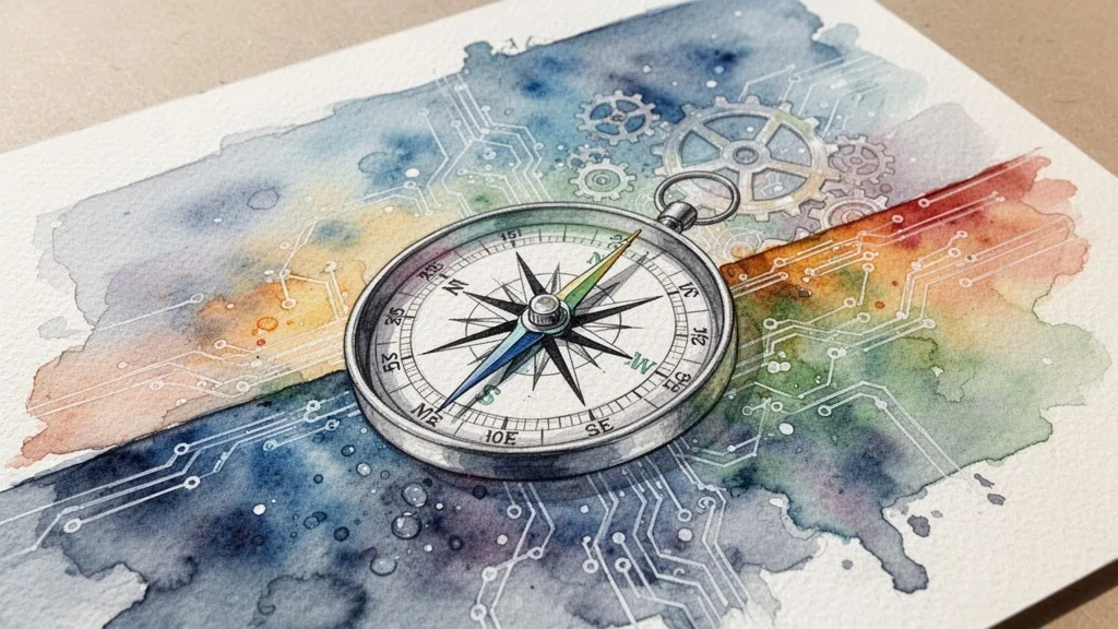 watercolor compass pointing to digital horizon with gears
