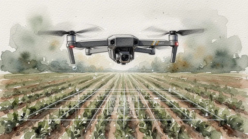 Acuarela de dron sobrevolando cultivos con superposición digital