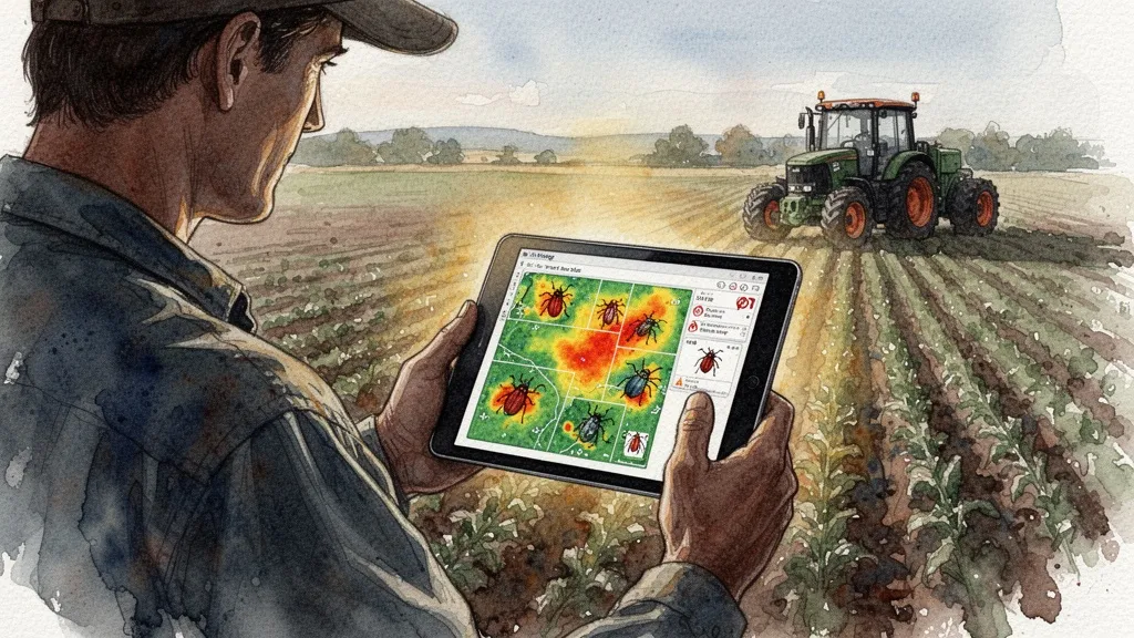 Agricultor consultando tablet con mapa de calor de plagas