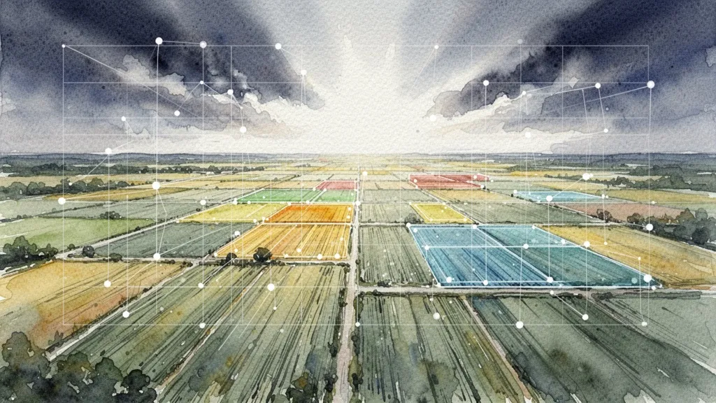 Panorámica acuarela de campos agrícolas con red de monitoreo digital