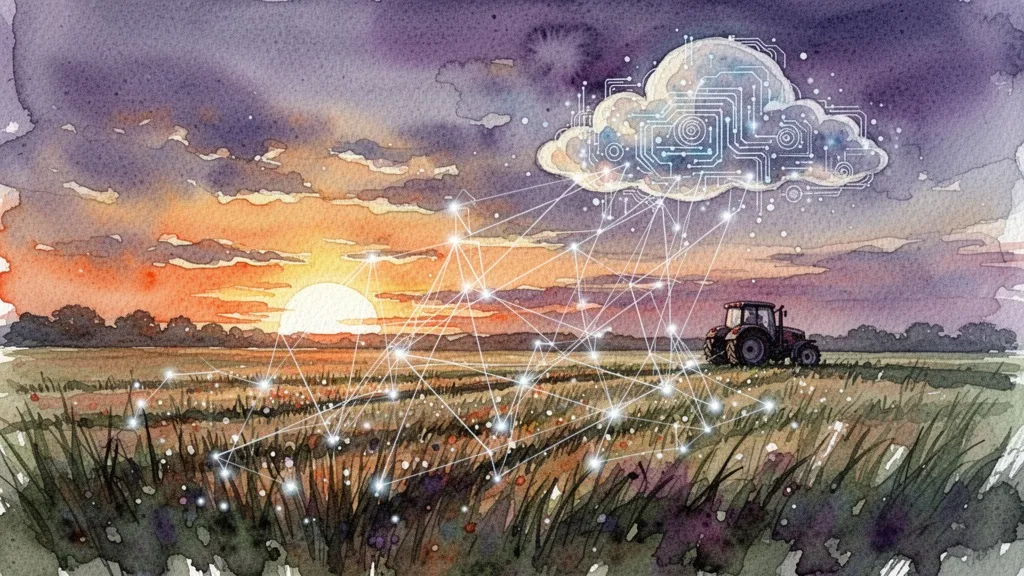 Acuarela de campo al atardecer con conexión digital a la nube