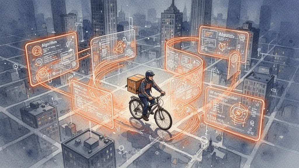 Repartidor en bicicleta visto desde arriba con flujos de datos algorítmicos a su alrededor