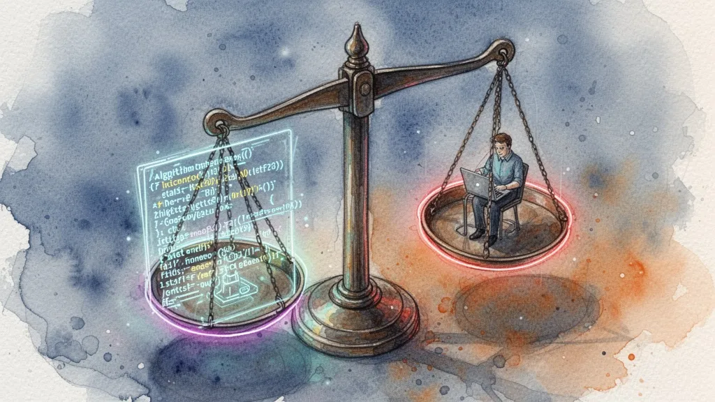 Balanza inclinada con código algorítmico de un lado y figura humana del otro