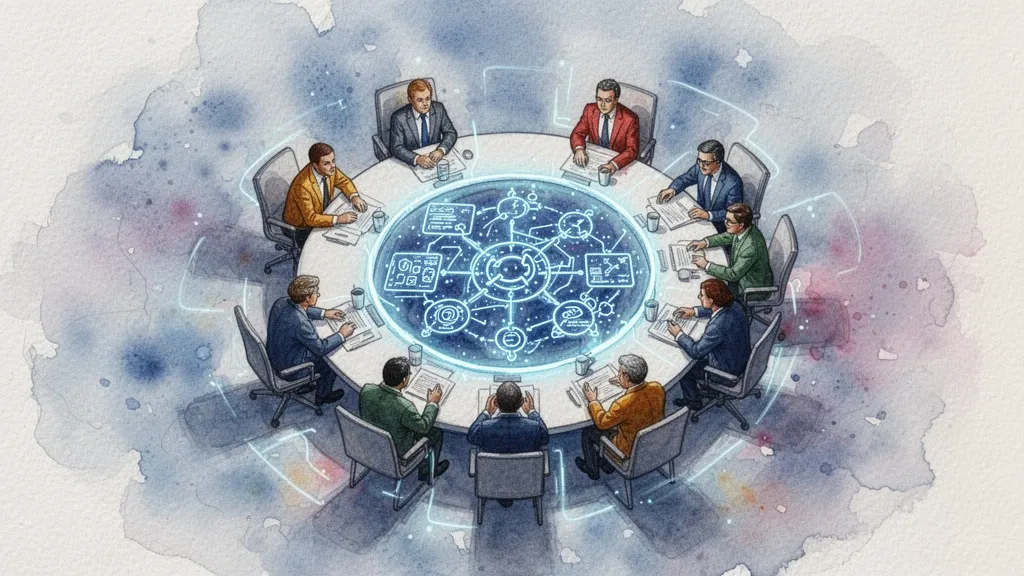 Mesa redonda con figuras humanas alrededor de un plano algorítmico brillante