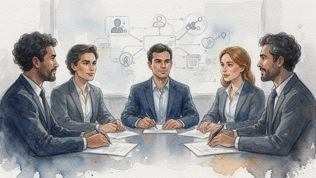 Equipo diverso en reunión, acuarela inspiradora