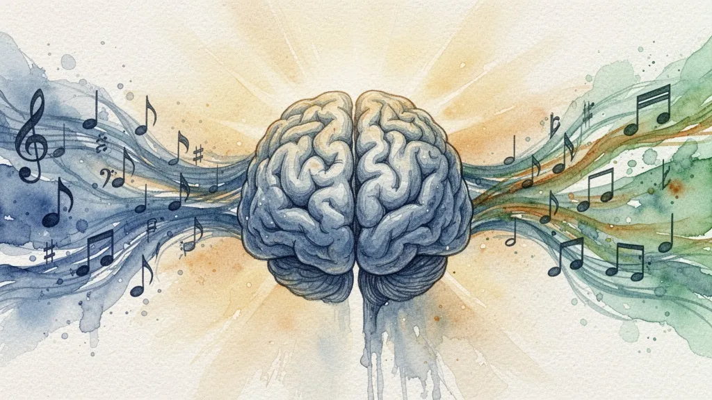 Cerebro abstracto con flujo de notas musicales de entrada y salida