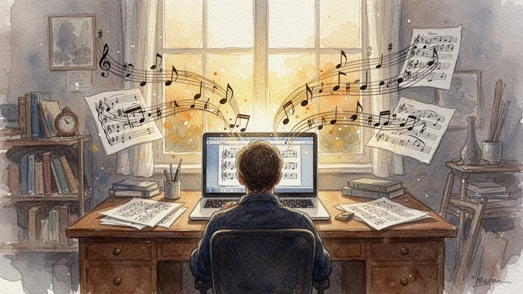 Compositor trabajando con IA en un estudio, notas digitales y manuales fusionándose