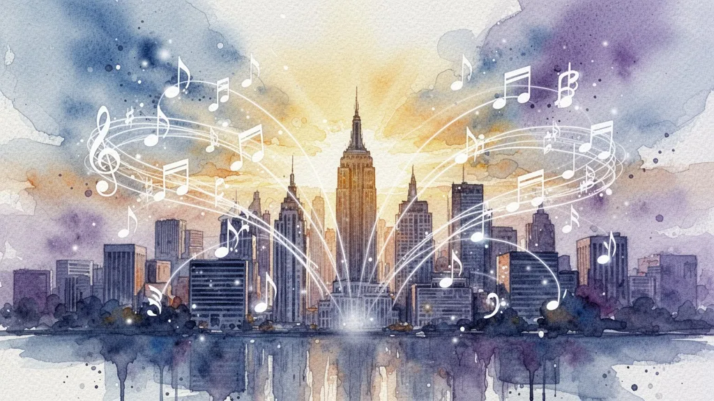 Paisaje urbano abstracto con notas musicales expandiéndose y líneas de conexión