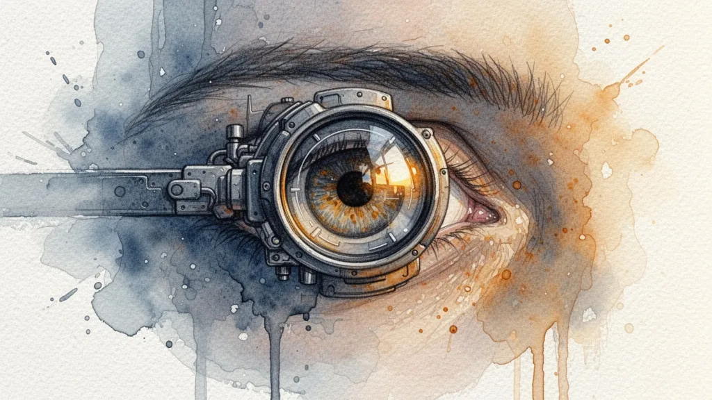Watercolor eye with robotic lens symbolizing biased algorithmic gaze