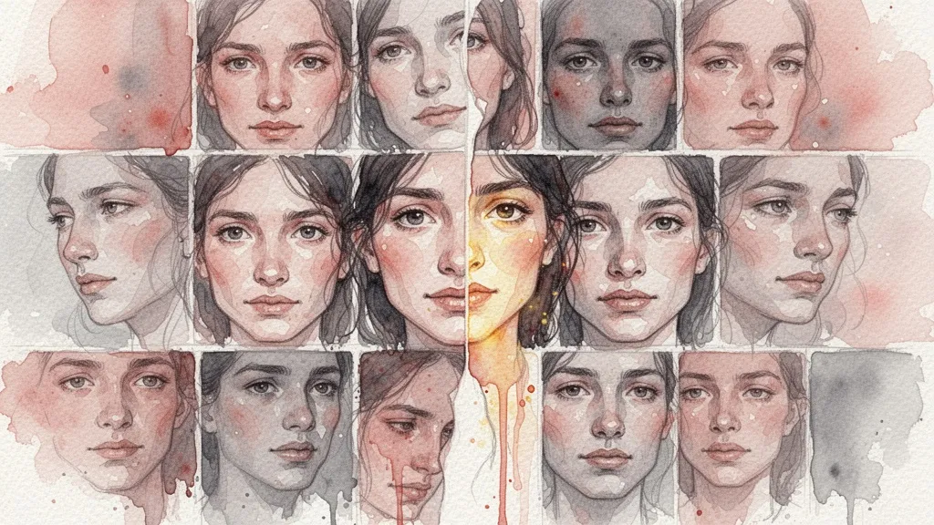 Watercolor mosaic of faces with one misaligned representing algorithmic misidentification